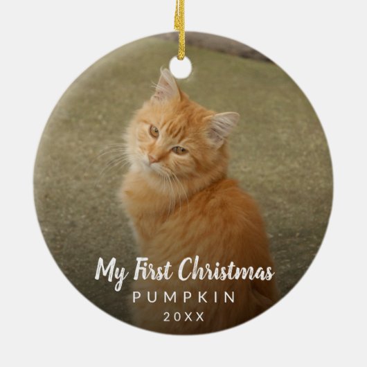 Cute Cat Photo My First Kerstmis Chalk Script Keramisch Ornament (Achterkant)