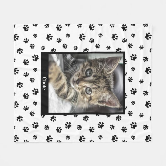 Cute Cat Photo Name Black Paw Printerpatroon Fleece Deken (Voorkant (Horizontaal))