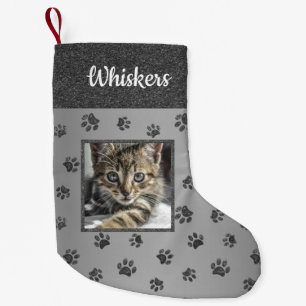 Cute Cat Photo Name Silver Glitter Paw Prins Kleine Kerstsok