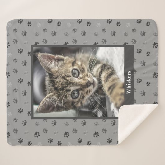 Cute Cat Photo Name Silver Grey Paw Prins Sherpa Deken (Voorkant (horizontaal))