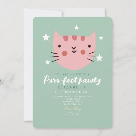 Cute Cat Pink Green Birthday Party Kaart (Voorkant)