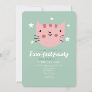 Cute Cat Pink Green Birthday Party Kaart