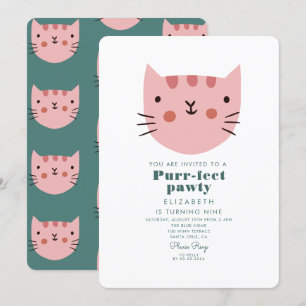 Cute Cat Pink Green Birthday Party Kaart