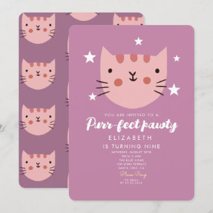 Cute Cat Pink Green Birthday Party Kaart