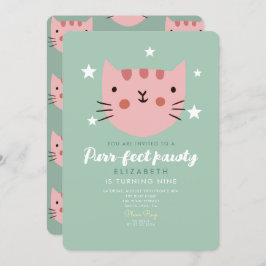 Cute Cat Pink Green Birthday Party Kaart