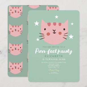 Cute Cat Pink Green Birthday Party Kaart