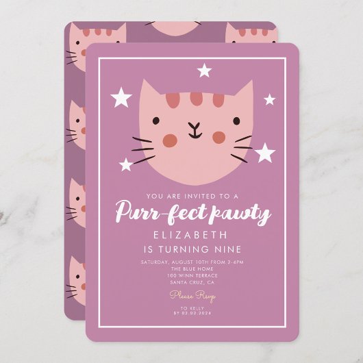 Cute Cat Pink Green Birthday Party Kaart