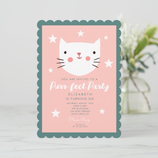 Cute Cat Pink Green Paarse Stars Birthday Kaart (Staand voorkant)