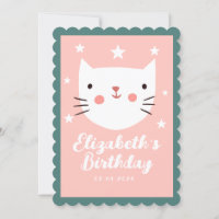 Cute Cat Pink Green Paarse Stars Birthday