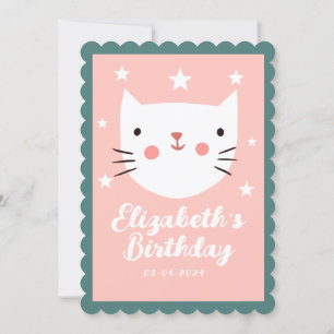 Cute Cat Pink Green Paarse Stars Birthday Kaart
