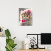 Cute Cat Pink Knit Scarf Pet Floral Poster (Thuiskantoor)