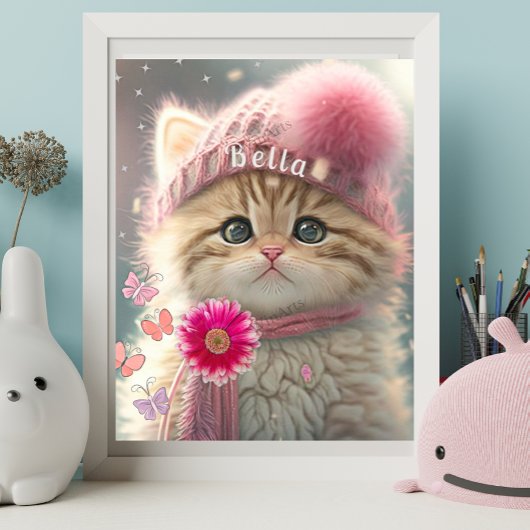 Cute Cat Pink Knit Scarf Pet Floral Poster