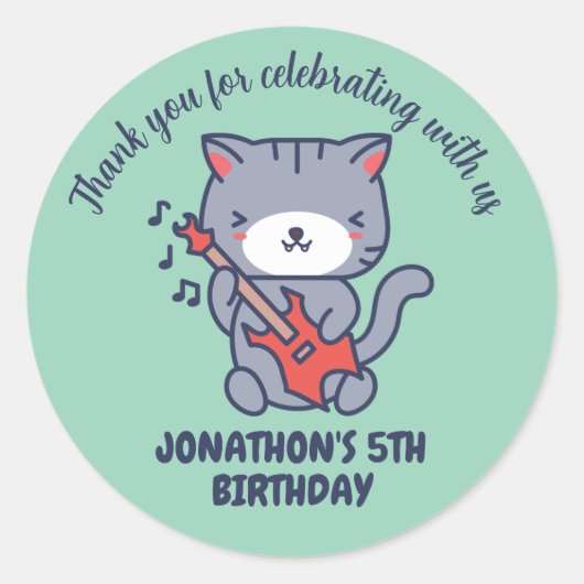 Cute Cat Play Guitar Kids Birthday Party Ronde Sticker (Voorkant)