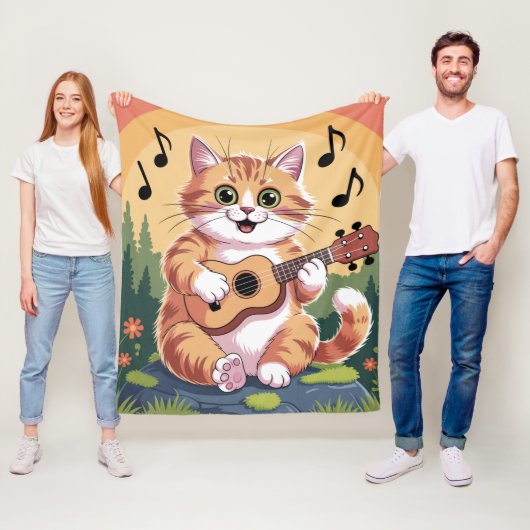 Cute Cat Playing Ukuele Fleece Deken (In situ)