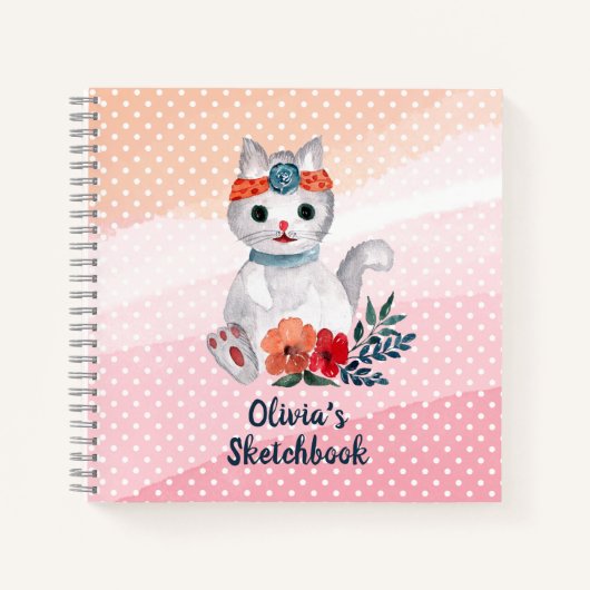 Cute Cat Polka Dot Personalized Sketchbook Notitieboek (Voorkant)