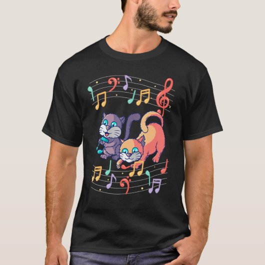 Cute Cat Pplay Music Note Cleus Musician Art Pian T-shirt (Voorkant)