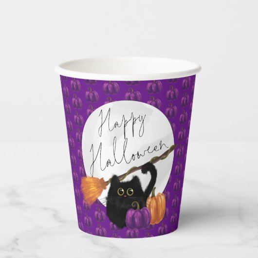 Cute Cat Pumpkin Broomstick Paars Happy Halloween Papieren Bekers (Voorkant)
