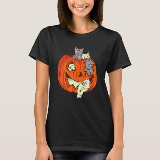 Cute Cat Pumpkin Carved Jack O Lantern Cat Hwe T-shirt (Voorkant)