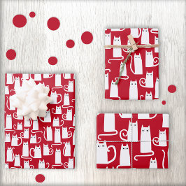 Cute Cat Red en White Festive Inpakpapier Vel