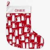Cute Cat Red en White gepersonaliseerd Grote Kerstsok (Voorkant)
