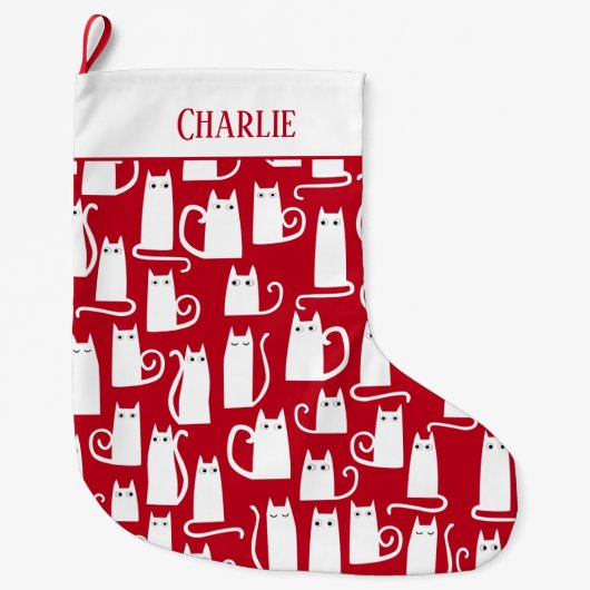 Cute Cat Red en White gepersonaliseerd Grote Kerstsok (Voorkant)