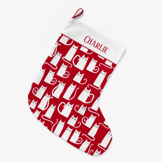 Cute Cat Red en White gepersonaliseerd Grote Kerstsok (Voorkant (Hangend))