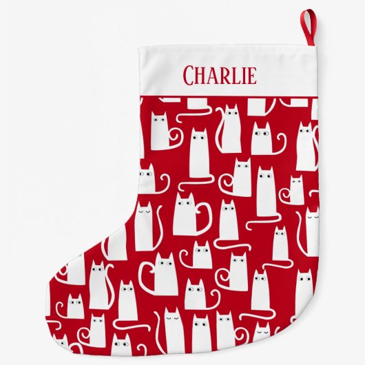 Cute Cat Red en White gepersonaliseerd Grote Kerstsok (Achterkant)