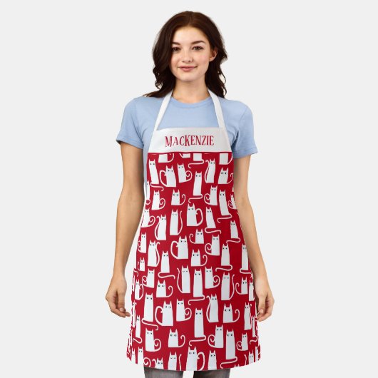 Cute Cat Red en White gepersonaliseerd Schort (Gedragen)
