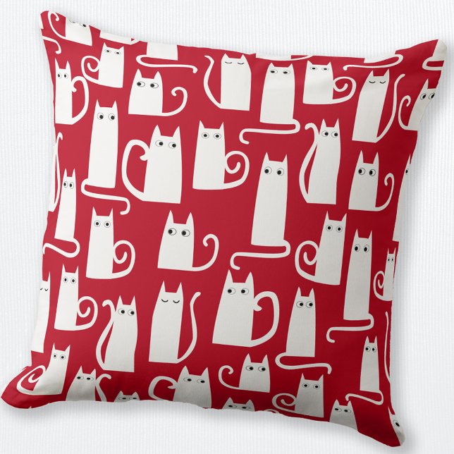 Cute Cat Red en White Kussen (Fun festive red and white cat throw pillow)