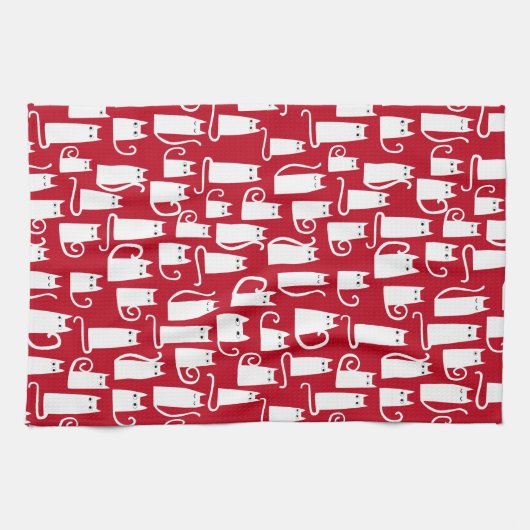 Cute Cat Red en White Theedoek (Horizontaal)