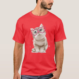 Cute Cat Red Glasses Heart Headband Happy Valentin T-shirt