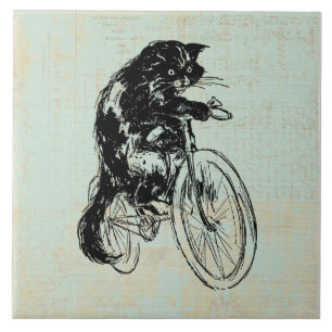 Cute Cat Riding Bicycle  Mint Green Art Tegeltje
