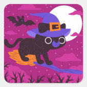 Cute Cat riding broom Halloween Vierkante Sticker (Voorkant)