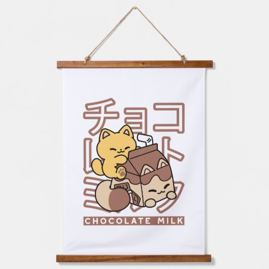 Cute Cat Riding Chocolate Milk Carton Kawaii Art Hangend Wandkleed (Voorkant)