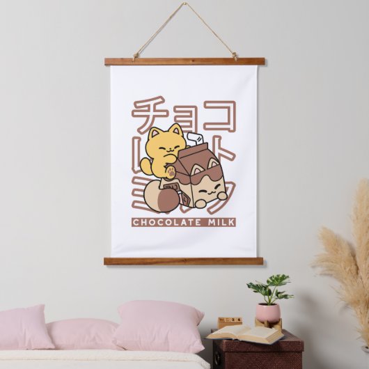 Cute Cat Riding Chocolate Milk Carton Kawaii Art Hangend Wandkleed (Slaapkamer)