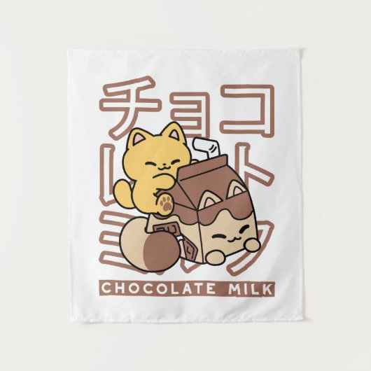 Cute Cat Riding Chocolate Milk Carton Kawaii Art Wandkleed (Voorkant)