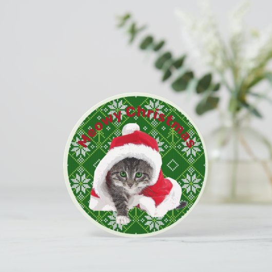 Cute Cat Round Kerstmis Kaart (Staand voorkant)