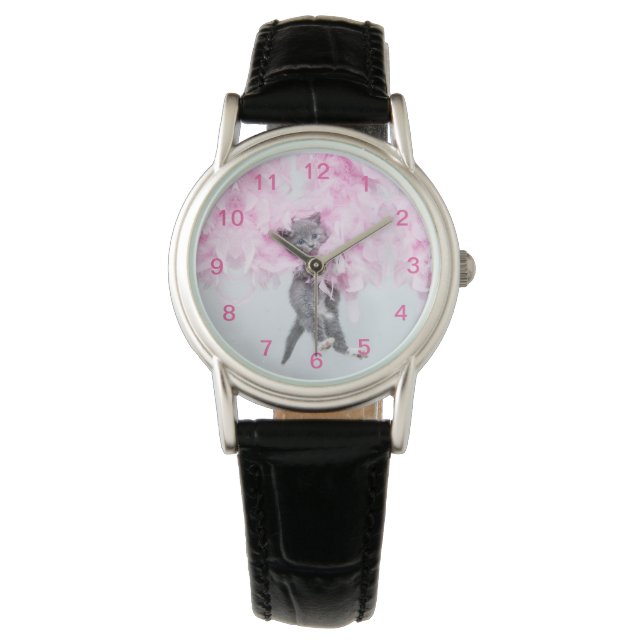 Cute Cat roze pluim Horloge (Voorkant)