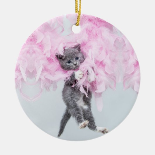 Cute Cat roze pluim Keramisch Ornament (Voorkant)
