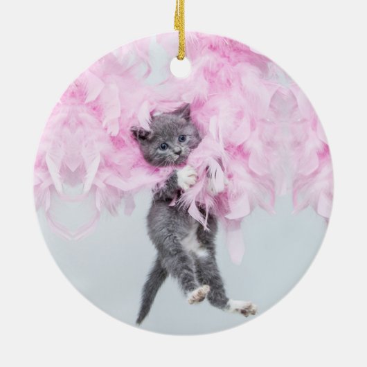 Cute Cat roze pluim Keramisch Ornament (Achterkant)