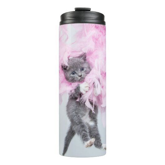 Cute Cat roze pluim Thermosbeker (Voorkant)
