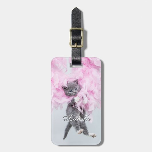 Cute Cat roze plume. Bagagelabel (Voorkant verticaal)
