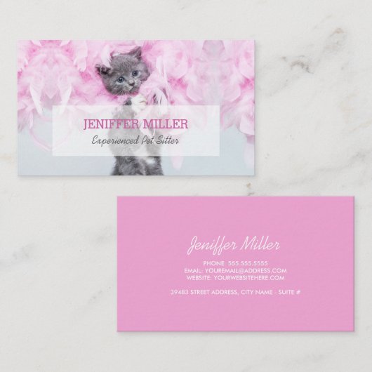 Cute Cat roze plume. Visitekaartje (Voorkant / Achterkant)