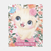 Cute Cat roze Roses Blush Flowers Aangepaste naam Fleece Deken (Voorkant)