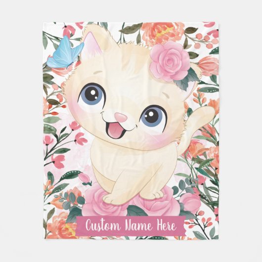 Cute Cat roze Roses Blush Flowers Aangepaste naam Fleece Deken (Voorkant)