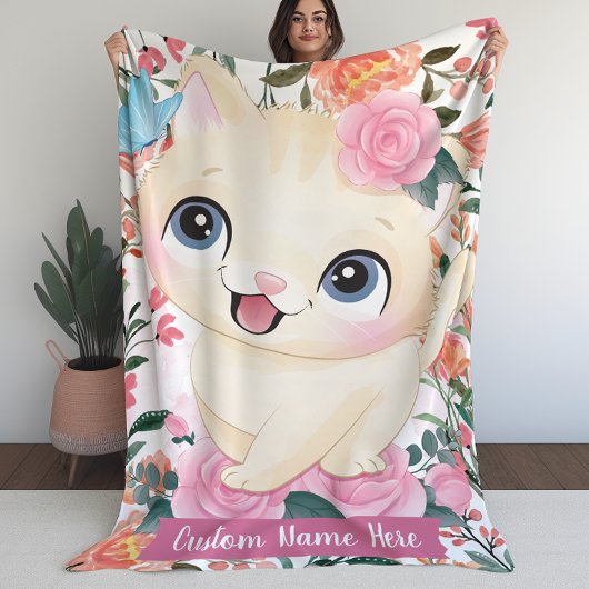 Cute Cat roze Roses Blush Flowers Aangepaste naam Fleece Deken