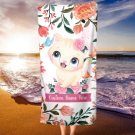 Cute Cat roze Roses Blush Flowers Aangepaste naam Strandlaken