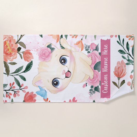 Cute Cat roze Roses Blush Flowers Aangepaste naam Strandlaken (Voorkant)