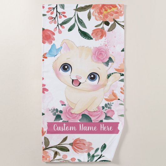 Cute Cat roze Roses Blush Flowers Aangepaste naam Strandlaken (Voorkant)