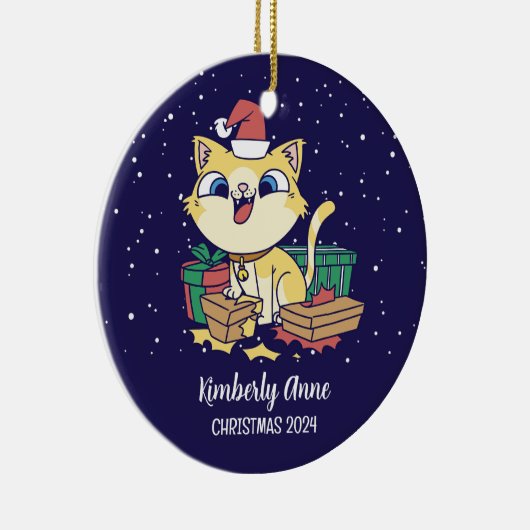 Cute Cat Santa Kerstmis Snowy Winter Holiday Keramisch Ornament (Rechts)